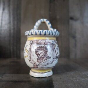 Holy Water Vintage Ceramic Handled Pot with Jesus on Front Religious Hanging